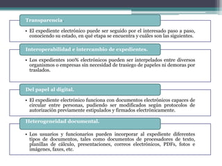 Transparencia.

• El expediente electrónico puede ser seguido por el interesado paso a paso,
  conociendo su estado, en qué etapa se encuentra y cuáles son las siguientes.

Interoperabilidad e intercambio de expedientes.

• Los expedientes 100% electrónicos pueden ser interpelados entre diversos
  organismos o empresas sin necesidad de trasiego de papeles ni demoras por
  traslados.


Del papel al digital.

• El expediente electrónico funciona con documentos electrónicos capaces de
  circular entre personas, pudiendo ser modificados según protocolos de
  autorización previamente estipulados y firmados electrónicamente.

Heterogeneidad documental.

• Los usuarios y funcionarios pueden incorporar al expediente diferentes
  tipos de documentos, tales como documentos de procesadores de texto,
  planillas de cálculo, presentaciones, correos electrónicos, PDFs, fotos e
  imágenes, faxes, etc.
 
