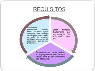 REQUISITOS


documentos
presentados        deben   Estar     firmados
llevar una firma digital   digitalmente   por
mediante una entidad       los usuarios con
certificadora que a modo
de sello de entrada,       autorización para
certifique que ese es el   ello
documento que se ha
presentado.




          Presentaciones que se realizan
          en el juzgado deberán tener la
          validez que en cada momento
          sea necesario.
 