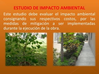ESTUDIO DE IMPACTO AMBIENTAL
Este estudio debe evaluar el impacto ambiental
consignando sus respectivos costos, por las
medidas de mitigación a ser implementadas
durante la ejecución de la obra.
 