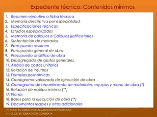 1. Resumen ejecutivo o ficha técnica
2. Memoria descriptiva por especialidad
3. Especificaciones técnicas
4. Estudios especializados
5. Memoria de cálculos o Calculos justificatorios
6. Sustentación de metrados
7. Presupuesto resumen
8. Presupuesto general de obra
9. Presupuesto analítico de obra
10. Desagregado de gastos generales
11. Análisis de costos unitarios
12. Relación de insumos
13. Formulas polinómicas
14. Cronograma valorizado de ejecución de obra
15. Cronograma de requerimiento de materiales, equipos y mano de obra (*)
16. Relación de equipo mínimo (**)
17. Planos
18. Bases para la ejecución de obra (**)
19. Documentos legales y otros adicionales
(*) SOLO EN OBRAS POR ADMINISTRACIÓN DIRECTA
(**) SOLO EN OBRAS POR CONTRATA
 