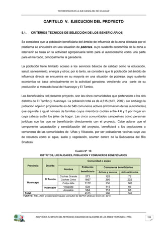 “REFORESTACION EN LA SUB CUENCA DEL RIO SHULLCAS”




                     CAPITULO V. EJECUCION DEL PROYECTO

5.1.      CRITERIOS TECNICOS DE SELECCIÓN DE LOS BENEFICIARIOS


Se considera que la población beneficiaria del ámbito de influencia de la zona afectada por el
problema se encuentra en una situación de pobreza, cuyo sustento económico de la zona a
intervenir se basa en la actividad agropecuaria tanto para el autoconsumo como una parte
para el mercado, principalmente la ganadería.


La población tiene limitado acceso a los servicios básicos de calidad como la educación,
salud, saneamiento, energía y otros; por lo tanto, se considera que la población del ámbito de
influencia directa se encuentra en su mayoría en una situación de pobreza, cuyo sustento
económico se basa principalmente en la actividad ganadera, vendiendo una parte de su
producción al mercado local de Huancayo y El Tambo.


Los beneficiarios del presente proyecto, son las cinco comunidades que pertenecen a los dos
distritos de El Tambo y Huancayo. La población total es de 4,515 (INEI, 2007), sin embargo la
población objetivo propiamente es de 548 comuneros activos (información de las autoridades)
que equivale a igual número de familias cuyos miembros oscilan entre 4.6 y 5 por hogar en
cuya cabeza están los jefes de hogar. Las cinco comunidades campesinas como personas
jurídicas son las que se beneficiarán directamente con el proyecto. Cabe aclarar que el
componente capacitación y sensibilización del proyecto, beneficiará a los productores o
comuneros de las comunidades de Uñas y Vilcacoto, por ser poblaciones vecinas cuyo uso
de recursos como el agua, suelo y vegetación, ocurren dentro de la Subcuenca del Río
Shullcas

                                                 Cuadro Nº 10:
                   DISTRITOS, LOCALIDADES, POBLACION Y COMUNEROS BENEFICIARIOS

                                                             Comunidad o anexo
       Provincia      Distrito
                                                       Población            Comuneros beneficiarios
                                       Nombre
                                                      beneficiaria     Activos y pasivos    Activos/directos
                                   Cochas Grande           573                125                  72
                      El Tambo      Cochas Chico          1667                360                 202
       Huancayo                      Cullpa Alta          1152                250                 140
                     Huancayo         Vilcacoto            539                115                  66
                                      Acopalca             584                118                  68
  Total                                                   4515                988                 548
 FUENTE: INEI, 2007 y Elaboración Equipo Consultor de SEPAR-DESCO, Enero de 2010




             ADAPTACION AL IMPACTO DEL RETROCESO ACELERADO DE GLACIARES EN LOS ANDES TROPICALES – PRAA         104
 