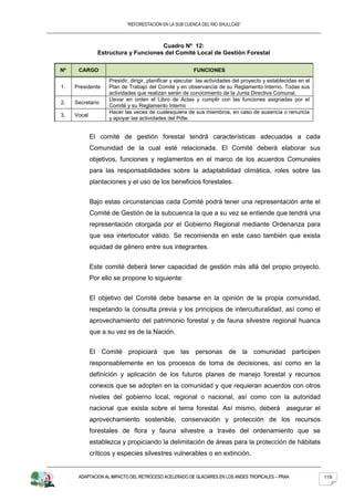 “REFORESTACION EN LA SUB CUENCA DEL RIO SHULLCAS”



                                     Cuadro Nº 12:
               Estructura y Funciones del Comité Local de Gestión Forestal

Nº    CARGO                                              FUNCIONES
                    Presidir, dirigir, planificar y ejecutar las actividades del proyecto y establecidas en el
1.   Presidente     Plan de Trabajo del Comité y en observancia de su Reglamento Interno. Todas sus
                    actividades que realizan serán de conocimiento de la Junta Directiva Comunal.
                    Llevar en orden el Libro de Actas y cumplir con las funciones asignadas por el
2.   Secretario
                    Comité y su Reglamento Interno
                    Hacer las veces de cualesquiera de sus miembros, en caso de ausencia o renuncia
3.   Vocal
                    y apoyar las actividades del Pdte.


             El comité de gestión forestal tendrá características adecuadas a cada
             Comunidad de la cual esté relacionada. El Comité deberá elaborar sus
             objetivos, funciones y reglamentos en el marco de los acuerdos Comunales
             para las responsabilidades sobre la adaptabilidad climática, roles sobre las
             plantaciones y el uso de los beneficios forestales.


             Bajo estas circunstancias cada Comité podrá tener una representación ante el
             Comité de Gestión de la subcuenca la que a su vez se entiende que tendrá una
             representación otorgada por el Gobierno Regional mediante Ordenanza para
             que sea interlocutor válido. Se recomienda en este caso también que exista
             equidad de género entre sus integrantes.


             Este comité deberá tener capacidad de gestión más allá del propio proyecto.
             Por ello se propone lo siguiente:


             El objetivo del Comité debe basarse en la opinión de la propia comunidad,
             respetando la consulta previa y los principios de interculturalidad, así como el
             aprovechamiento del patrimonio forestal y de fauna silvestre regional huanca
             que a su vez es de la Nación.


             El Comité propiciará que las personas de la comunidad participen
             responsablemente en los procesos de toma de decisiones, así como en la
             definición y aplicación de los futuros planes de manejo forestal y recursos
             conexos que se adopten en la comunidad y que requieran acuerdos con otros
             niveles del gobierno local, regional o nacional, así como con la autoridad
             nacional que exista sobre el tema forestal. Así mismo, deberá asegurar el
             aprovechamiento sostenible, conservación y protección de los recursos
             forestales de flora y fauna silvestre a través del ordenamiento que se
             establezca y propiciando la delimitación de áreas para la protección de hábitats
             críticos y especies silvestres vulnerables o en extinción.


      ADAPTACION AL IMPACTO DEL RETROCESO ACELERADO DE GLACIARES EN LOS ANDES TROPICALES – PRAA                  119
 