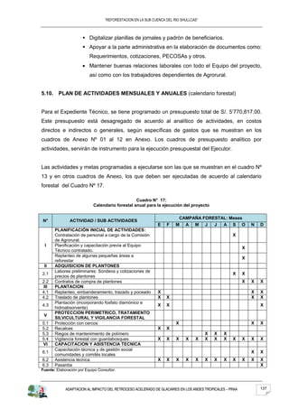 “REFORESTACION EN LA SUB CUENCA DEL RIO SHULLCAS”



                       Digitalizar planillas de jornales y padrón de beneficiarios.
                       Apoyar a la parte administrativa en la elaboración de documentos como:
                          Requerimientos, cotizaciones, PECOSAs y otros.
                          Mantener buenas relaciones laborales con todo el Equipo del proyecto,
                          así como con los trabajadores dependientes de Agrorural.


5.10. PLAN DE ACTIVIDADES MENSUALES Y ANUALES (calendario forestal)


Para el Expediente Técnico, se tiene programado un presupuesto total de S/. 5’770,817.00.
Este presupuesto está desagregado de acuerdo al analítico de actividades, en costos
directos e indirectos o generales, según específicas de gastos que se muestran en los
cuadros de Anexo Nº 01 al 12 en Anexo. Los cuadros de presupuesto analítico por
actividades, servirán de instrumento para la ejecución presupuestal del Ejecutor.


Las actividades y metas programadas a ejecutarse son las que se muestran en el cuadro Nº
13 y en otros cuadros de Anexo, los que deben ser ejecutadas de acuerdo al calendario
forestal del Cuadro Nº 17.

                                                 Cuadro N° 17:
                            Calendario forestal anual para la ejecución del proyecto

                                                                            CAMPAÑA FORESTAL: Meses
N°             ACTIVIDAD / SUB ACTIVIDADES
                                                              E    F    M     A   M    J   J   A   S     O   N   D
       PLANIFICACIÓN INICIAL DE ACTIVIDADES:
       Contratación de personal a cargo de la Comisión                                             X
       de Agrorural.
 I     Planificación y capacitación previa al Equipo
                                                                                                         X
       Técnico contratado.
       Replanteo de algunas pequeñas áreas a
                                                                                                         X
       reforestar
 II    ADQUISICION DE PLANTONES
       Labores preliminares: Sondeos y cotizaciones de
2.1                                                                                                X     X
       precios de plantones
2.2    Contratos de compra de plantones                                                                  X   X   X
III    PLANTACION
4.1    Replanteo, embanderamiento, trazado y poceado          X                                              X   X
4.2    Traslado de plantones                                  X    X                                         X   X
       Plantación (incorporando fosfato diamónico e
4.3                                                           X    X                                             X
       hidroabsorvente)
       PROTECCION PERIMETRICO, TRATAMIENTO
 V
       SILVICULTURAL Y VIGILANCIA FORESTAL
5.1    Protección con cercos                                            X                                    X   X
5.2    Recalces                                               X    X
5.3    Riegos de mantenimiento de polímero                                             X   X   X
5.4    Vigilancia forestal con guardabosques                  X    X    X     X   X    X   X   X   X     X   X   X
VI     CAPACITACION Y ASISTENCIA TECNICA
       Capacitación técnica y de gestión social
6.1                                                                                                          X   X
       comunidades y comités locales
6.2    Asistencia técnica                                     X    X    X     X   X    X   X   X   X     X   X   X
6.3    Pasantía                                                                                                  X
Fuente: Elaboración por Equipo Consultor.



             ADAPTACION AL IMPACTO DEL RETROCESO ACELERADO DE GLACIARES EN LOS ANDES TROPICALES – PRAA           137
 