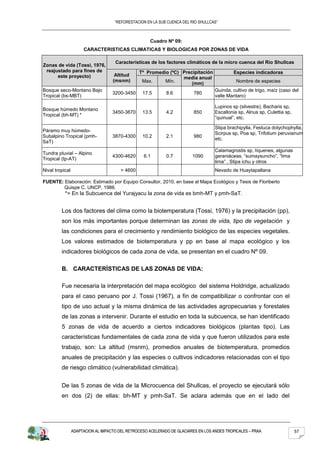 “REFORESTACION EN LA SUB CUENCA DEL RIO SHULLCAS”



                                                     Cuadro Nº 09:
                      CARACTERISTICAS CLIMATICAS Y BIOLOGICAS POR ZONAS DE VIDA

                                     Características de los factores climáticos de la micro cuenca del Río Shullcas
Zonas de vida (Tossi, 1976,
 reajustado para fines de                        Tº Promedio (ºC) Precipitación              Especies indicadoras
      este proyecto)                 Altitud
                                                                  media anual
                                    (msnm)        Max.     Mín.                               Nombre de especies
                                                                      (mm)
Bosque seco-Montano Bajo                                                            Guinda, cultivo de trigo, maíz (caso del
                                    3200-3450     17.5       8.6          780
Tropical (bs-MBT)                                                                   valle Mantaro)

                                                                                    Lupinos sp (silvestre), Bacharis sp,
Bosque húmedo Montano
                                    3450-3870     13.5       4.2          850       Escallonia sp, Alnus sp, Culettia sp,
Tropical (bh-MT) *
                                                                                    “quinual”, etc.

                                                                                    Stipa brachipylla, Festuca dolychophylla,
Páramo muy húmedo-
                                                                                    Scirpus sp, Poa sp, Trifolium peruvianum,
Subalpino Tropical (pmh-            3870-4300     10.2       2.1          980
                                                                                    etc.
SaT)
                                                                                
                                                                                    Calamagrostis sp, líquenes, algunas
Tundra pluvial – Alpino
                                    4300-4620     6.1        0.7         1090       geraniáceas, “sumaysuncho”, “lima
Tropical (tp-AT)
                                                                                    lima” , Stipa ichu y otros
Nival tropical                          > 4600                                      Nevado de Huaytapallana

FUENTE: Elaboración: Estimado por Equipo Consultor, 2010, en base al Mapa Ecológico y Tesis de Floriberto
        Quispe C. UNCP, 1986.
           *= En la Subcuenca del Yurajyacu la zona de vida es bmh-MT y pmh-SaT.


         Los dos factores del clima como la biotemperatura (Tossi, 1976) y la precipitación (pp),
         son los más importantes porque determinan las zonas de vida, tipo de vegetación y
         las condiciones para el crecimiento y rendimiento biológico de las especies vegetales.
         Los valores estimados de biotemperatura y pp en base al mapa ecológico y los
         indicadores biológicos de cada zona de vida, se presentan en el cuadro Nº 09.

         B. CARACTERÍSTICAS DE LAS ZONAS DE VIDA:

         Fue necesaria la interpretación del mapa ecológico del sistema Holdridge, actualizado
         para el caso peruano por J. Tossi (1967), a fin de compatibilizar o confrontar con el
         tipo de uso actual y la misma dinámica de las actividades agropecuarias y forestales
         de las zonas a intervenir. Durante el estudio en toda la subcuenca, se han identificado
         5 zonas de vida de acuerdo a ciertos indicadores biológicos (plantas tipo). Las
         características fundamentales de cada zona de vida y que fueron utilizados para este
         trabajo, son: La altitud (msnm), promedios anuales de biotemperatura, promedios
         anuales de precipitación y las especies o cultivos indicadores relacionadas con el tipo
         de riesgo climático (vulnerabilidad climática).


         De las 5 zonas de vida de la Microcuenca del Shullcas, el proyecto se ejecutará sólo
         en dos (2) de ellas: bh-MT y pmh-SaT. Se aclara además que en el lado del




                 ADAPTACION AL IMPACTO DEL RETROCESO ACELERADO DE GLACIARES EN LOS ANDES TROPICALES – PRAA                  57
 