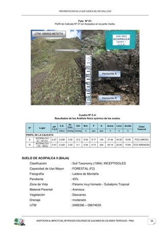 “REFORESTACION EN LA SUB CUENCA DEL RIO SHULLCAS”



                                                 Foto Nº 01:
                           Perfil de Calicata Nº 01 en Acopalca en la parte media.


        UTM: 489552-8675774




                                                                            Horizonte A




                                                                          Horizonte R




                                              Cuadro Nº C.4:
                           Resultados de los Análisis físico químico de los suelos.

                                         Ac.
                         pH     C.E.             CIC      M.0.    P     K      Arena    Limo    Arcilla      Clase
   Nº       Lugar                       Cam.
                        1:2,5                                                                               Textural
                                mS/cm   Cmol/kg Cmol/kg    %     ppm    ppm      %        %       %

  PERFIL DE LA CALICATA:
         ACOPALCA I
    A                   4.27    0.208    3.00    12.2     8.92   8.17   140     27.44   54.00   18.56     FCO LIMOSO
          (0 – 50 cm)
         ACOPALCA I
    R                   5.47    0.320    0.40    5.1      0.54   0.73   250     64.16   20.00   15.84     FCO ARENOSA
          ( 50 - MAS)




SUELO DE ACOPALCA II (BAJA)
    Clasificación                          : Soil Taxonomy (1994): INCEPTISOLES
    Capacidad de Uso Mayor                 : FORESTAL (F2)
    Fisiografía                            : Ladera de Montaña
    Pendiente                              : 45%
    Zona de Vida                           : Páramo muy húmedo - Subalpino Tropical
    Material Parental                      : Arenisca
    Vegetación                             : Descanso
    Drenaje                                : moderado
    UTM                                    : 0488396 – 08674635




          ADAPTACION AL IMPACTO DEL RETROCESO ACELERADO DE GLACIARES EN LOS ANDES TROPICALES – PRAA                     69
 