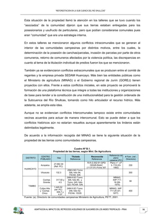 “REFORESTACION EN LA SUB CUENCA DEL RIO SHULLCAS”



Esta situación de la propiedad llamó la atención en los talleres que se tuvo cuando los
“asociados” de la comunidad dijeron que sus tierras estaban entregadas para los
posesionarios y usufructo de particulares, pero que podían considerarse comunales pues
eran “comunidad” que era una estrategia interna.

En estos talleres se mencionaron algunos conflictos intracomunales que se generan al
interior de las comunidades campesinas por distintos motivos, entre los cuales, la
determinación de la posesión de canchas/parcelas, invasión de parcelas por parte de otros
comuneros, retorno de comuneros afectados por la violencia política, las discrepancias en
cuanto al tema de la titulación individual de predios fueron los que se mencionaron.

También ya se evidenciaron conflictos extracomunales que se producen entre el comité de
regantes y la empresa privada SEDAM Huancayo. Más bien las entidades públicas como
el Ministerio de agricultura (MINAG) o el Gobierno regional de Junín (GOREJ) tienen
proyectos con ellos. Frente a estos conflictos iniciales, en este proyecto se promoverá la
formación de una plataforma técnica que integre a todas las instituciones y organizaciones
de base para tender a la constitución de una institucionalidad para la gestión ordenada de
la Subcuenca del Río Shullcas, tomando como hilo articulador el recurso hídrico. Más
adelante, se amplía esta idea.

Aunque no se evidencian conflictos Intercomunales tampoco existe entre comunidades
vecinas acuerdos para actuar de manera intercomunal. Esto se puede deber a que los
conflictos históricos aún no estarían resueltos aunque aparentemente los linderos están
delimitados legalmente.

De acuerdo a la información recogida del MINAG se tiene la siguiente situación de la
propiedad de las tierras como comunidades campesinas.

                                               Cuadro Nº B.1.
                            Propiedad de las tierras, según Mini. De Agricultura.
                                                                                    Referencia de
               CENTRO                        Titulada            Reconocida                          # Fam. (ref.:
 DISTRITO                      Has                                                       plano
               POBLADO                      Referencia           Referencia                           Directorio)
                                                                                    catastral (PC)
                                                              R.R.G.002-91-GPD-      Plano n°: LP
                            27,062.30
               Acopalca                                         ODGR-RAAC             3- 719 (03-        230
                            (Ref: PC)
                                                             (11.01.91) Ficha 357        1992)
HUANCAYO
                                          25M-I-NO Tomo:
               Vilcacoto      132.3        306, folio 94;                                                300
                                            FICHA: S/N
                                         24M-II-SO Tomo:                               MINAG,
                 Cochas       317.50 y    306, folio 80, y                             X4P 711-
                                                                                                         90
                 Grande         4.5      Tomo: 245, folio                               18 (08-
                                         322; FICHA: S/N                                 1975)
   TAMBO
                            1,445.52
              Cullpa Alta                24M-II-SO Tomo:                            MINAG, X4P
                            (ref: PC)
              y Cochas                     248, folio 52;                           711-25 (01-          400
                               655.7 y
                Chico                     FICHA: 15335                                 1977)
                                 4.07
Fuente: (a). Directorio de comunidades campesinas Ministerio de Agricultura, PETT, 2001.




         ADAPTACION AL IMPACTO DEL RETROCESO ACELERADO DE GLACIARES EN LOS ANDES TROPICALES – PRAA                   96
 