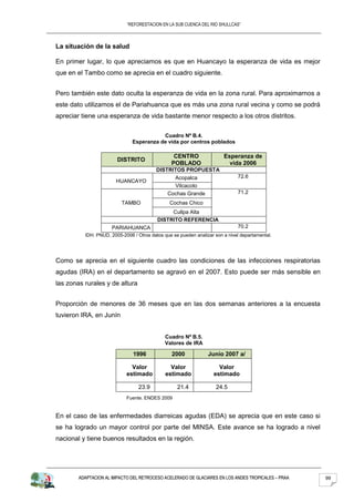 “REFORESTACION EN LA SUB CUENCA DEL RIO SHULLCAS”



La situación de la salud

En primer lugar, lo que apreciamos es que en Huancayo la esperanza de vida es mejor
que en el Tambo como se aprecia en el cuadro siguiente.


Pero también este dato oculta la esperanza de vida en la zona rural. Para aproximarnos a
este dato utilizamos el de Pariahuanca que es más una zona rural vecina y como se podrá
apreciar tiene una esperanza de vida bastante menor respecto a los otros distritos.

                                          Cuadro Nº B.4.
                               Esperanza de vida por centros poblados

                                                 CENTRO                 Esperanza de
                        DISTRITO
                                                POBLADO                   vida 2006
                                          DISTRITOS PROPUESTA
                                                Acopalca                      72.6
                       HUANCAYO
                                                Vilcacoto
                                              Cochas Grande                   71.2
                          TAMBO                 Cochas Chico
                                               Cullpa Alta
                                          DISTRITO REFERENCIA
                      PARIAHUANCA                                             70.2
          IDH. PNUD, 2005-2006 / Otros datos que se pueden analizar son a nivel departamental.




Como se aprecia en el siguiente cuadro las condiciones de las infecciones respiratorias
agudas (IRA) en el departamento se agravó en el 2007. Esto puede ser más sensible en
las zonas rurales y de altura


Proporción de menores de 36 meses que en las dos semanas anteriores a la encuesta
tuvieron IRA, en Junín


                                             Cuadro Nº B.5.
                                             Valores de IRA

                               1996              2000            Junio 2007 a/

                              Valor             Valor                Valor
                            estimado          estimado             estimado

                                  23.9             21.4              24.5
                            Fuente. ENDES 2009


En el caso de las enfermedades diarreicas agudas (EDA) se aprecia que en este caso si
se ha logrado un mayor control por parte del MINSA. Este avance se ha logrado a nivel
nacional y tiene buenos resultados en la región.




        ADAPTACION AL IMPACTO DEL RETROCESO ACELERADO DE GLACIARES EN LOS ANDES TROPICALES – PRAA   99
 