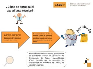 ¿Cómo se aprueba el
expediente técnico?
Formará parte del documento que aprueba
el expediente técnico, el Certificado de
Inexistencia de Restos Arqueológicos
(CIRA), emitido por la Dirección de
Arqueología del Ministerio de Cultura, en
caso corresponda.
 