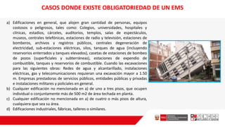 CASOS DONDE EXISTE OBLIGATORIEDAD DE UN EMS
a) Edificaciones en general, que alojen gran cantidad de personas, equipos
costosos o peligrosos, tales como: Colegios, universidades, hospitales y
clínicas, estadios, cárceles, auditorios, templos, salas de espectáculos,
museos, centrales telefónicas, estaciones de radio y televisión, estaciones de
bomberos, archivos y registros públicos, centrales degeneración de
electricidad, sub-estaciones eléctricas, silos, tanques de agua (incluyendo
reservorios enterrados y tanques elevados), casetas de estaciones de bombeo
de pozos (superficiales y subterráneas), estaciones de expendio de
combustible, tanques y reservorios de combustible. Cuando las excavaciones
para las siguientes obras: Redes de agua y alcantarillado, instalaciones
eléctricas, gas y telecomunicaciones requieran una excavación mayor a 1.50
m. Empresas prestadoras de servicios públicos, entidades públicas y privadas
e instalaciones militares y policiales en general.
b) Cualquier edificación no mencionada en a) de uno a tres pisos, que ocupen
individual o conjuntamente más de 500 m2 de área techada en planta.
c) Cualquier edificación no mencionada en a) de cuatro o más pisos de altura,
cualquiera que sea su área.
d) Edificaciones industriales, fábricas, talleres o similares.
 