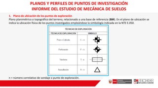 PLANOS Y PERFILES DE PUNTOS DE INVESTIGACIÓN
INFORME DEL ESTUDIO DE MECÁNICA DE SUELOS
1. Plano de ubicación de los puntos de exploración
Plano planimétrico o topográfico del terreno, relacionado a una base de referencia (BM). En el plano de ubicación se
indica la ubicación física de los puntos investigados empleándose la simbología indicada en la NTE E.050.
n = número correlativo de sondaje o punto de exploración.
 