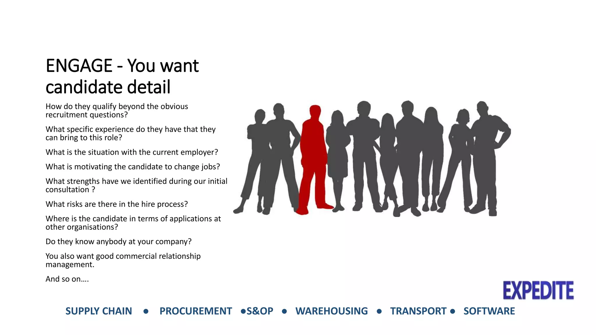 ENGAGE - You want 
candidate detail 
How do they qualify beyond the obvious 
recruitment questions? 
What specific experience do they have that they 
can bring to this role? 
What is the situation with the current employer? 
What is motivating the candidate to change jobs? 
What strengths have we identified during our initial 
consultation ? 
What risks are there in the hire process? 
Where is the candidate in terms of applications at 
other organisations? 
Do they know anybody at your company? 
You also want good commercial relationship 
management. 
And so on…. 
SUPPLY CHAIN ● PROCUREMENT ●S&OP ● WAREHOUSING ● TRANSPORT ● SOFTWARE 
 