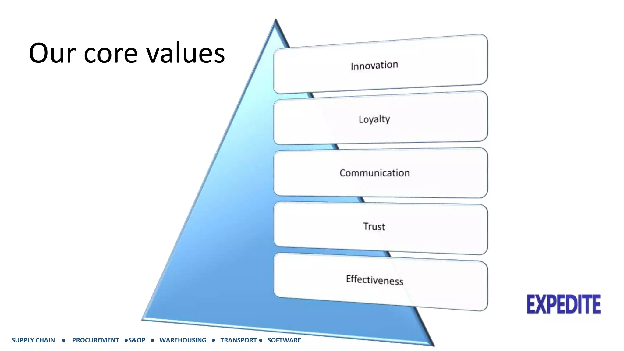 Our core values 
SUPPLY CHAIN ● PROCUREMENT ●S&OP ● WAREHOUSING ● TRANSPORT ● SOFTWARE 
 