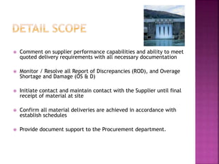  Comment on supplier performance capabilities and ability to meet 
quoted delivery requirements with all necessary documentation 
 Monitor / Resolve all Report of Discrepancies (ROD), and Overage 
Shortage and Damage (OS & D) 
 Initiate contact and maintain contact with the Supplier until final 
receipt of material at site 
 Confirm all material deliveries are achieved in accordance with 
establish schedules 
 Provide document support to the Procurement department. 
 
