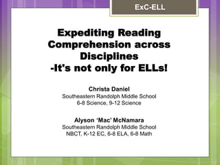 ExC-ELL

Expediting Reading
Comprehension across
Disciplines
-It's not only for ELLs!
Christa Daniel
Southeastern Randolph Middle School
6-8 Science, 9-12 Science

Alyson ‘Mac’ McNamara
Southeastern Randolph Middle School
NBCT, K-12 EC, 6-8 ELA, 6-8 Math

 