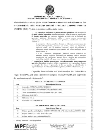 MINISTÉRIO PÚBLICO FEDERAL
PROCURADORIA REGIONAL ELEITORAL EM RONDÔNIA
Ministério Público Eleitoral ajuizou a Ação Cautelar n. 0601657-77.2018.6.22.0000 em face
de GUILHERME ERSE MOREIRA MENDES e WELLEM ANTÔNIO PRESTES
CAMPOS (DOC. 19), com os seguintes pedidos, dentre outros:
“(….) 1) a produção antecipada de provas (busca e apreensão), com a concessão
de tutela cautelar antecedente, inaudita altera pars, a fim de autorizar a realização
de busca e apreensão, nos endereços indicados a seguir, com a finalidade de
apreender quaisquer documentos, mídias e outras provas encontradas
relacionadas aos ilícitos eleitorais sob apuração, notadamente mas não
limitado a:
1.1) registros e livros contábeis, formais ou informais, comprovantes de
recebimento/pagamento, prestação de contas, ordens de pagamento,
agendas, cartas, atas de reuniões, contratos, cópias de pareceres e
quaisquer outros documentos relacionados aos ilícitos narrados nesta
manifestação; e
1.2) HD´s, notebooks, smartphones, pendrives, mídias eletrônicas de
qualquer espécie, arquivos eletrônicos de qualquer espécie, agendas
manuscritas ou eletrônicas, quando houver suspeita que contenham
material probatório relevante, como o acima especificado;
2) a autorização judicial para acesso e extração dos dados armazenados nos
aparelhos eletrônicos – celulares, tablets, computadores, etc. – apreendidos durante
a execução da busca e apreensão, a fim de auxiliar a identificação e
responsabilização de todos os envolvidos na prática dos fatos sob apuração [...]”
Os pedidos foram deferidos pelo Juiz Plantonista, Juiz Federal Flávio
Fraga e Silva (DOC. 20), tendo a decisão sido cumprida no dia 28/10/2018, com a apreensão
dos seguintes materiais e documentos4
:
WELLEM ANTÔNIO PRESTES CAMPOS
Item Descrição do Material
01 Notebook n. NXMU7AL00353667D51B9501
02 Celular Motorola Emei 356499086574377 e 356499086574385
03 Celular Motorola Emei 359321051326889 e 359321051326897
04 HD Externo S1G1109P6
05 HD Externo 103 SJ
06 HD Externo E2E2JJHD40BED2
GUILHERME ERSE MOREIRA MENDES
Item Descrição do Material
01 01 (um) aparelho celular I-phone EMEI 355437075881271 - nº da linha telefônica 69 99981-0221
02 01 (um) notebook LG -série 10782 FROO7707
03 01 (um) pendrive com a inscrição feirão 2011
4 Todos já restituídos a seus proprietários.
Rua José Camacho, 3307 – Embratel
CEP 76.820-886 – Porto Velho/RO
(069) 3216-0500
DocumentoassinadoviaTokendigitalmenteporLUIZGUSTAVOMANTOVANI,em18/12/201814:46.Paraverificaraassinaturaacesse
http://www.transparencia.mpf.mp.br/validacaodocumento.Chave3548FC19.9976B8F6.BF4F136A.2CD0DFAD
 