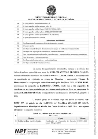 MINISTÉRIO PÚBLICO FEDERAL
PROCURADORIA REGIONAL ELEITORAL EM RONDÔNIA
04 01 (um) pendrive marca datatraveler 1 gb
05 01 (um) aparelho celular samsung galax S8
06 01 (um) aparelho celular i-hone EMEI 013703060414210
07 01 (um) aparelho celular i-phone EMEI 359300060487635
08 01 (um) aparelho celular iphone FCCID BC6-E2380A
09 01 (um) pendrive marca scandisk
Documentos Apreendidos
01 Envelope contendo contratos e cópia de documentos pessoais
02 12 (doze) recibos
03 Envelope contendo diversos documentos com relação de colaboradores de campanha
04 Envelope com requisição de combustível, contendo 16 recibos
05 Pasta com a denominação (despachar com o Prefeito) – contendo vários documentos e anotações
06 Lista de presença e outros documentos
07 Envelope notas fiscais, recibos e canhoto de cheque
08 Envelope contendo documentos diversos
Da análise dos equipamentos apreendidos, realizou-se a extração dos
dados do celular apreendido em posse de WELLEM ANTÔNIO PRESTES CAMPOS,
medida devidamente autorizada nos Autos n. 0601657-77.2018.6.22.0000. A medida resultou
na constatação da existência de grupo de WhatsApp – denominado “Grupo de
Planejamento” – composto por secretários municipais, Prefeito e GUILHERME ERSE,
coordenador de campanha de EXPEDITO JÚNIOR, criado para o fim específico de
coordenar os serviços prestados por servidores municipais em favor da campanha do
candidato EXPEDITO JÚNIOR, no segundo turno das Eleições de 2018 (DOCS. jpeg 001 a
189).
O referido grupo do WhatsApp, cuja foto possui os dizeres: “EU
VOTO 45”, foi criado no dia 12/10/2018 por VALÉRIA JOVÂNIA DA SILVA,
Superintendente Municipal de Gestão dos Gastos Públicos – SGP. Nele, interagiram
ativamente os seguintes membros:
Nº
NOME DO GRUPO: “GRUPO DE PLANEJAMENTO”
WHATSAPP
Membro Cargo Telefone
01 Guilherme Erse Moreira Mendes Coordenador de Campanha de Expedito
Junior – Eleições 2018
69-99981-0221
Rua José Camacho, 3307 – Embratel
CEP 76.820-886 – Porto Velho/RO
(069) 3216-0500
DocumentoassinadoviaTokendigitalmenteporLUIZGUSTAVOMANTOVANI,em18/12/201814:46.Paraverificaraassinaturaacesse
http://www.transparencia.mpf.mp.br/validacaodocumento.Chave3548FC19.9976B8F6.BF4F136A.2CD0DFAD
 