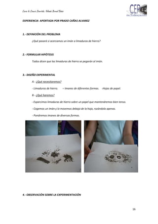 Curso la Ciencia Divertida: Yolanda Bernal Baños
16
EXPERIENCIA APORTADA POR PRADO CAÑAS ALVAREZ
1.- DEFINICIÓN DEL PROBLEMA
¿Qué pasará si acercamos un imán a limaduras de hierro?
2.- FORMULAR HIPÓTESIS
Todos dicen que las limaduras de hierro se pegarán al imán.
3.- DISEÑO EXPERIMENTAL
A.- ¿Qué necesitaremos?
- Limaduras de hierro. – Imanes de diferentes formas. -Hojas de papel.
B.- ¿Qué haremos?
- Esparcimos limaduras de hierro sobre un papel que mantendremos bien tenso.
- Cogemos un imán y lo movemos debajo de la hoja, rozándola apenas.
- Pondremos imanes de diversas formas.
4.- OBSERVACIÓN SOBRE LA EXPERIMENTACIÓN
 