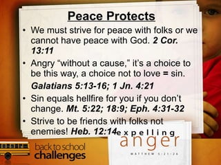 Peace Protects We must strive for peace with folks or we cannot have peace with God.  2 Cor. 13:11 Angry “without a cause,” it’s a choice to be this way, a choice not to love  =  sin. Galatians 5:13-16; 1 Jn. 4:21 Sin equals hellfire for you if you don’t change.  Mt. 5:22; 18:9; Eph. 4:31-32 Strive to be friends with folks not enemies!  Heb. 12:14 