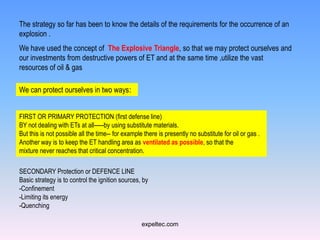 The strategy so far has been to know the details of the requirements for the occurrence of an
explosion .
We have used the concept of The Explosive Triangle, so that we may protect ourselves and
our investments from destructive powers of ET and at the same time ,utilize the vast
resources of oil & gas

We can protect ourselves in two ways:


FIRST OR PRIMARY PROTECTION (first defense line)
BY not dealing with ETs at all-----by using substitute materials.
But this is not possible all the time-- for example there is presently no substitute for oil or gas .
Another way is to keep the ET handling area as ventilated as possible, so that the
mixture never reaches that critical concentration.

SECONDARY Protection or DEFENCE LINE
Basic strategy is to control the ignition sources, by
-Confinement
-Limiting its energy
-Quenching

                                                   expeltec.com
 