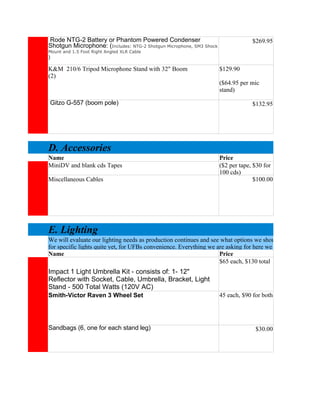 Rode NTG-2 Battery or Phantom Powered Condenser                                   $269.95
Shotgun Microphone: (Includes: NTG-2 Shotgun Microphone, SM3 Shock
Mount and 1.5 Foot Right Angled XLR Cable
)

K&M 210/6 Tripod Microphone Stand with 32" Boom                      $129.90
(2)
                                                                     ($64.95 per mic
                                                                     stand)

Gitzo G-557 (boom pole)                                                           $132.95




D. Accessories
Name                                                                 Price
MiniDV and blank cds Tapes                                           ($2 per tape, $30 for
                                                                     100 cds)
Miscellaneous Cables                                                               $100.00




E. Lighting
We will evaluate our lighting needs as production continues and see what options we should consider for sup
for specific lights quite yet, for UFBs convenience. Everything we are asking for here we do not have at all.
Name                                                                Price
                                                                    $65 each, $130 total
Impact 1 Light Umbrella Kit - consists of: 1- 12"
Reflector with Socket, Cable, Umbrella, Bracket, Light
Stand - 500 Total Watts (120V AC)
Smith-Victor Raven 3 Wheel Set                                       45 each, $90 for both




Sandbags (6, one for each stand leg)                                               $30.00
 