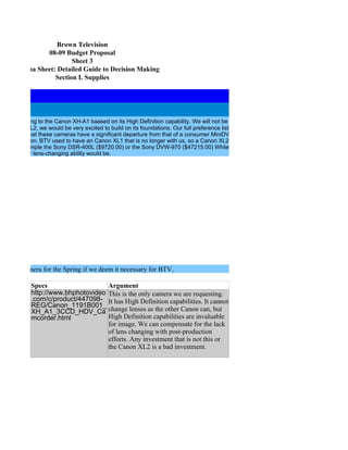 Brown Television
               08-09 Budget Proposal
                        Sheet 3
   Big Mama Sheet: Detailed Guide to Decision Making
                  Section I. Supplies




 eference going to the Canon XH-A1 baased on its High Definition capability. We will not be requesting lenses quite yet, therefore the Cano
 he Canon XL2, we would be very excited to build on its foundations. Our full preference list is below. Cameras 3 and 4 are quality cameras
  proof and that these cameras have a significant departure from that of a consumer MiniDV camera. Cameras 3 and 4 do not meet our min
deo production. BTV used to have an Canon XL1 that is no longer with us, so a Canon XL2 seems the logical heir to its vacant throne. Mos
000., for example the Sony DSR-400L ($9720.00) or the Sony DVW-970 ($47215.00) While the Sony DSR-PD170 is good for low light situa
h definition or lens-changing ability would be.




nal videocamera for the Spring if we deem it necessary for BTV.

             Specs                   Argument
             http://www.bhphotovideo This is the only camera we are requesting.
             .com/c/product/447098- It has High Definition capabilities. It cannot
             REG/Canon_1191B001_
             XH_A1_3CCD_HDV_Ca change lenses as the other Canon can, but
             mcorder.html            High Definition capabilities are invaluable
                                     for image. We can compensate for the lack
                                     of lens changing with post-production
                                     efforts. Any investment that is not this or
                                     the Canon XL2 is a bad investment.
 