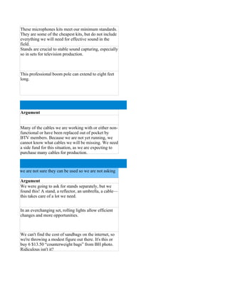 These microphones kits meet our minimum standards.
           They are some of the cheapest kits, but do not include
           everything we will need for effective sound in the
           field.
           Stands are crucial to stable sound capturing, especially
           so in sets for television production.



           This professional boom pole can extend to eight feet
           long.




           Argument


           Many of the cables we are working with or either non-
           functional or have been replaced out of pocket by
           BTV members. Because we are not yet running, we
           cannot know what cables we will be missing. We need
           a side fund for this situation, as we are expecting to
           purchase many cables for production.



lready, but we are not sure they can be used so we are not asking

           Argument
           We were going to ask for stands separately, but we
           found this! A stand, a reflector, an umbrella, a cable—
           this takes care of a lot we need.


           In an everchanging set, rolling lights allow efficient
           changes and more opportunities.



           We can't find the cost of sandbags on the internet, so
           we're throwing a modest figure out there. It's this or
           buy 6 $13.50 “counterweight bags” from BH photo.
           Ridiculous isn't it?
 