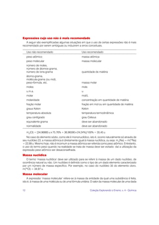 Expressões cujo uso não é mais recomendado
   A seguir são exemplificadas algumas situações em que o uso de certas expressões não é mais
recomendado por serem ambíguas ou induzirem a erros conceituais.

     Uso não recomendado                          Uso recomendado
     peso atômico                                 massa atômica
     peso molecular                               massa molecular
     número de moles,
     número de átomos-grama,
     número de íons-grama                         quantidade de matéria
     átomo-grama,
     molécula-grama (ou mol),
     peso-fórmula, etc.                           massa molar
     moles                                        mols
     u.m.a.                                       u
     molar                                        mol/L
     molaridade                                   concentração em quantidade de matéria
     fração molar                                 fração em mol ou em quantidade de matéria
     graus Kelvin                                 Kelvin
     temperatura absoluta                         temperatura termodinâmica
     grau centígrado                              grau Celsius
     equivalente grama                            deve ser abandonado
     normalidade                                  deve ser abandonado

     ma(Cl) = [34,96885 u x 75,76% + 36,96590 x 24,24%]/100% = 35,45 u
   No caso do elemento sódio, como ele é mononuclídico, isto é, ocorre naturalmente só através de
seu nuclídeo 23, a massa atômica é diretamente igual à massa nuclídica, ou seja: ma(Na) = m(23Na)
= 22,99 u. Mesmo hoje, não é incomum a massa atômica ser referida como peso atômico. Entretanto,
o uso do termo peso quando na realidade se trata de massa deve ser evitado: daí a utilização da
expressão peso atômico ser desaconselhada.
Massa nuclídica
   O termo ‘massa nuclídica’ deve ser utilizado para se referir à massa de um dado nuclídeo, de
ocorrência natural ou não. Um nuclídeo é definido como o tipo de um dado elemento caracterizado
por um número de massa específico. Por exemplo, no caso do nuclídeo 35 do elemento cloro,
m(35Cl) = 34,97 u.
Massa molecular
    A expressão ‘massa molecular’ refere-se à massa da entidade da qual uma substância é feita,
isto é, à massa de uma molécula ou de uma fórmula unitária. O valor da massa molecular de uma dada


12                                                         Coleção Explorando o Ensino, v. 4 - Química
 