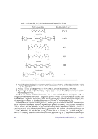 Tabela 1 – Estrutura dos principais polímeros intrinsecamente condutores.

                           Polímero condutor                     Condutividade / S cm-1

                                                                          103 a 106



                                                                           10 a 103




                                                                             600




                                                                             200




                                                                             500




                                                                              1




    1. Pela definição exata do processo nenhuma relaxação geométrica (distorção do retículo) ocorre
       na cadeia polimérica.
    2. A carga positiva gerada permanece deslocalizada sobre toda a cadeia polimérica.
    3. A presença da lacuna (nível desocupado) no topo da banda de valência confere um caráter
       metálico ao processo.
    Contudo, em sólidos unidimensionais dos quais os polímeros condutores fazem parte, pode ser
energeticamente favorável localizar a carga que aparece sobre a cadeia (criando um defeito) e ter
ao redor dessa carga uma distorção local do retículo (relaxação) - Teorema de Peierl. Esse processo
resulta no aparecimento de estados eletrônicos localizados no interior do band-gap.
    Considerando-se o caso da oxidação, isto é, a remoção de um elétron da cadeia, há a formação
de um cátion radical (também chamado de polaron em química de sólidos). Essa pode ser interpretada
como a redistribuição de elétrons π, que polariza a cadeia polimérica apenas localmente, produzindo
uma modificação de curto alcance na distribuição espacial dos átomos. Em termos químicos, um
polaron consiste em um íon radical com carga unitária e spin = 1/2, associado a uma distorção do
retículo e à presença de estados localizados no band-gap (vide Figura 1). No processo de formação


36                                                              Coleção Explorando o Ensino, v. 4 - Química
 