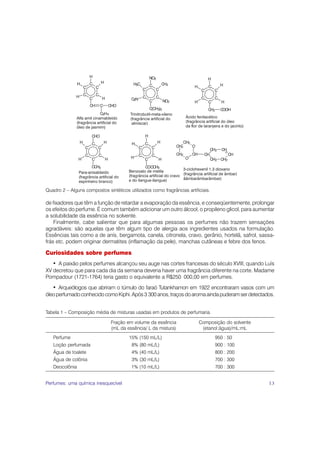 Quadro 2 – Alguns compostos sintéticos utilizados como fragrâncias artificiais.

de fixadores que têm a função de retardar a evaporação da essência, e conseqüentemente, prolongar
os efeitos do perfume. É comum também adicionar um outro álcool, o propileno glicol, para aumentar
a solubilidade da essência no solvente.
    Finalmente, cabe salientar que para algumas pessoas os perfumes não trazem sensações
agradáveis: são aquelas que têm algum tipo de alergia aos ingredientes usados na formulação.
Essências tais como a de anís, bergamota, canela, citronela, cravo, gerânio, hortelã, safrol, sassa-
frás etc. podem originar dermatites (inflamação da pele), manchas cutâneas e febre dos fenos.

Curiosidades sobre perfumes
   • A paixão pelos perfumes alcançou seu auge nas cortes francesas do século XVIII, quando Luís
XV decretou que para cada dia da semana deveria haver uma fragrância diferente na corte. Madame
Pompadour (1721-1764) teria gasto o equivalente a R$250 000,00 em perfumes.
   • Arqueólogos que abriram o túmulo do faraó Tutankhamon em 1922 encontraram vasos com um
óleo perfumado conhecido como Kiphi. Após 3 300 anos, traços do aroma ainda puderam ser detectados.


Tabela 1 – Composição média de misturas usadas em produtos de perfumaria.

                               Fração em volume da essência              Composição do solvente
                               (mL da essência/ L da mistura)             (etanol:água)/mL:mL
   Perfume                              15% (150 mL/L)                            950 : 50
   Loção perfumada                       8% (80 mL/L)                             900 : 100
   Água de toalete                       4% (40 mL/L)                             800 : 200
   Água de colônia                       3% (30 mL/L)                             700 : 300
   Deocolônia                            1% (10 mL/L)                             700 : 300


Perfumes: uma química inesquecível                                                                13
 