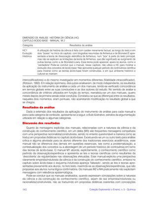 DIMENSÃO DE ANÁLISE: HISTÓRIA DA CIÊNCIA (HC)
CAPÍTULO:ÁCIDO-BASE - MANUAL: M 2
Categoria                                   Resultados da análise

HC1          A utilização da história da ciência é feita com caráter meramente factual, ao longo do texto e em
Evolução     dois “boxes” no início do capítulo, com biografias resumidas de Arrhenius e de Bronsted.É apre-
Histórica    sentada a teoria de dissociação eletrolítica de Arrhenius, num “box” à parte do texto principal,
             mas não se explicam as limitações da teoria de Arrhenius, que dão significado ao surgimento de
             outras teorias como a de Bronsted-Lowry. Essa teoria pode aparecer, apara os alunos, como a
             “verdadeira”.Pode-se concluir que o manual, nesse capítulo, não utiliza a HC para mostrar a
             evolução dos conceitos de ácido-base. Não aproveita qualquer período de controvérsia científica
             para mostrar como as teorias ácido-base foram construídas, e em que ambiente histórico e
             cultural se inseriam.

intercodificadores) e do mesmo investigador em momentos diferentes (fidelidade intracodificador),
(Robson, 1993). Em relação à primeira, dois juízes analisaram, de modo independente, os resultados
da aplicação do instrumento de análise a cada um dos manuais, tendo-se verificado concordância
em termos globais entre as suas conclusões e as dos autores do estudo. No sentido de avaliar a
concordância de critérios utilizados em função do tempo, reanalisou-se um dos manuais, quatro
meses depois da primeira versão estar concluída. Constatou-se que as diferenças entre os resultados,
naqueles dois momentos, eram pontuais, não acarretando modificação no resultado global a que
se chegou.
Resultados da análise
     Dada a extensão dos resultados da aplicação do instrumento de análise para cada manual e
para cada categoria de conteúdo, apresenta-se a seguir, a título ilustrativo, extratos da argumentação
utilizada em relação a algumas categorias.
Discussão dos resultados
     Quanto às mensagens explícitas dos manuais, relacionadas com a natureza da ciência e da
construção do conhecimento científico, em um deles (M3) são freqüentes mensagens compatíveis
com uma perspectiva racionalista/construtivista, sendo no entanto questionável a maneira como as
traduz em propostas didáticas no capítulo ácido-base. Excetuando-se um ou outro texto para análise
crítica e alguma atividade para os alunos diferente dos tradicionais exercícios acadêmicos, esse
manual não se diferencia dos demais em questões essenciais, tais como a problematização, a
contextualização dos conceitos ou a abordagem de um período histórico de controvérsia em torno
das teorias de ácido-base. O manual M1 aborda, explicitamente, o conhecimento científico como
partindo da observação/experiência e apresenta as leis e teorias científicas como resultantes da
‘descoberta’ de regularidades nas observações efetuadas. Esse manual explicita uma perspectiva
claramente empirista/indutivista da ciência e da construção do conhecimento científico, embora no
capítulo sobre ácido-base o esquema indutivista apareça ‘falseado’, sendo as leis e teorias apre-
sentadas previamente aos alunos, no livro texto, inserindo-se as observações/experiências, que são
propostas aos alunos numa lógica confirmatória. Os manuais M2 e M4 praticamente não explicitam
mensagens com relevância epistemológica.
     Pode-se concluir que os manuais analisados, quando expressam concepções sobre a natureza
da ciência e da construção do conhecimento científico, sejam de raiz empirista/indutivista ou
racionalista/construtivista, não as traduzindo em propostas didáticas coerentes com concepções

182                                                             Coleção Explorando o Ensino, v. 5 - Química
 