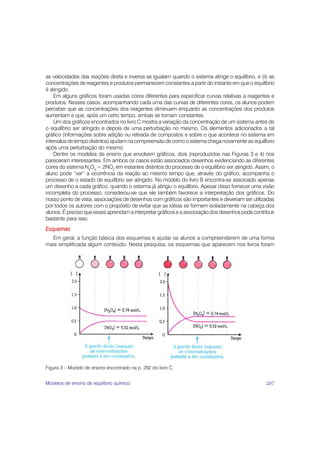 as velocidades das reações direta e inversa se igualam quando o sistema atinge o equilíbrio, e (ii) as
concentrações de reagentes e produtos permanecem constantes a partir do instante em que o equilíbrio
é atingido.
    Em alguns gráficos foram usadas cores diferentes para especificar curvas relativas a reagentes e
produtos. Nesses casos, acompanhando cada uma das curvas de diferentes cores, os alunos podem
perceber que as concentrações dos reagentes diminuem enquanto as concentrações dos produtos
aumentam e que, após um certo tempo, ambas se tornam constantes.
    Um dos gráficos encontrados no livro C mostra a variação da concentração de um sistema antes de
o equilíbrio ser atingido e depois de uma perturbação no mesmo. Os elementos adicionados a tal
gráfico (informações sobre adição ou retirada de compostos e sobre o que acontece no sistema em
intervalos de tempo distintos) ajudam na compreensão de como o sistema chega novamente ao equilíbrio
após uma perturbação do mesmo.
    Dentre os modelos de ensino que envolvem gráficos, dois (reproduzidos nas Figuras 3 e 4) nos
pareceram interessantes. Em ambos os casos estão associados desenhos evidenciando as diferentes
cores do sistema N2O4 = 2NO2 em instantes distintos do processo de o equilíbrio ser atingido. Assim, o
aluno pode “ver” a ocorrência da reação ao mesmo tempo que, através do gráfico, acompanha o
processo de o estado de equilíbrio ser atingido. No modelo do livro B encontra-se associado apenas
um desenho a cada gráfico, quando o sistema já atingiu o equilíbrio. Apesar disso fornecer uma visão
incompleta do processo, considerou-se que ele também favorece a interpretação dos gráficos. Do
nosso ponto de vista, associações de desenhos com gráficos são importantes e deveriam ser utilizadas
por todos os autores com o propósito de evitar que as idéias se formem isoladamente na cabeça dos
alunos. É preciso que esses aprendam a interpretar gráficos e a associação dos desenhos pode contribuir
bastante para isso.
Esquemas
  Em geral, a função básica dos esquemas é ajudar os alunos a compreenderem de uma forma
mais simplificada algum conteúdo. Nesta pesquisa, os esquemas que aparecem nos livros foram




Figura 3 – Modelo de ensino encontrado na p. 292 do livro C.


Modelos de ensino de equilíbrio químico                                                            207
 
