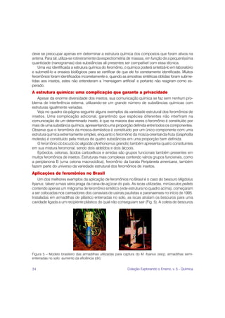 deve se preocupar apenas em determinar a estrutura química dos compostos que foram ativos na
antena. Para tal, utiliza-se rotineiramente da espectrometria de massas, em função de a pequeníssima
quantidade (nanogramas) das substâncias ali presentes ser compatível com essa técnica.
    Uma vez identificada a estrutura química do feromônio, o químico poderá sintetizá-lo em laboratório
e submetê-lo a ensaios biológicos para se certificar de que ele foi corretamente identificado. Muitos
feromônios foram identificados incorretamente e, quando as amostras sintéticas obtidas foram subme-
tidas aos insetos, estes não entenderam a ‘mensagem artificial’ e portanto não reagiram como es-
perado.
A estrutura química: uma complicação que garante a privacidade
    Apesar da enorme diversidade dos insetos, sua comunicação química se faz sem nenhum pro-
blema de interferência externa, utilizando-se um grande número de substâncias químicas com
estruturas igualmente variadas.
    Veja no quadro da página seguinte alguns exemplos da variedade estrutural dos feromônios de
insetos. Uma complicação adicional, garantindo que espécies diferentes não interfiram na
comunicação de um determinado inseto, é que na maioria das vezes o feromônio é constituído por
mais de uma substância química, apresentando uma proporção definida entre todos os componentes.
Observe que o feromônio da mosca-doméstica é constituído por um único componente com uma
estrutura química extremamente simples, enquanto o feromônio da mosca-oriental-da-fruta (Grapholita
molesta) é constituído pela mistura de quatro substâncias em uma proporção bem definida.
    O feromônio do bicudo do algodão (Anthonomus grandis) também apresenta quatro constituintes
em sua mistura feromonal, sendo dois aldeídos e dois álcoois.
    Epóxidos, cetonas, ácidos carboxílicos e amidas são grupos funcionais também presentes em
muitos feromônios de insetos. Estruturas mais complexas contendo vários grupos funcionais, como
a periplanona B (uma cetona macrocíclica), feromônio da barata Periplaneta americana, também
fazem parte do universo da variedade estrutural dos feromônios de insetos.
Aplicações de feromônios no Brasil
    Um dos melhores exemplos da aplicação de feromônios no Brasil é o caso do besouro Migdolus
fryanus, talvez a mais séria praga da cana-de-açúcar do país. As iscas utilizadas, minúsculos pellets
contendo apenas um miligrama de feromônio sintético (vide estrutura no quadro acima), começaram
a ser colocadas nos carreadores dos canaviais de usinas paulistas e paranaenses no início de 1995.
Instaladas em armadilhas de plástico enterradas no solo, as iscas atraíam os besouros para uma
cavidade ligada a um recipiente plástico do qual não conseguiam sair (Fig. 5). A coleta de besouros




Figura 5 – Modelo brasileiro das armadilhas utilizadas para captura do M. fryanus (esq); armadilhas semi-
enterradas no solo: aumento da eficiência (dir).


24                                                            Coleção Explorando o Ensino, v. 5 - Química
 