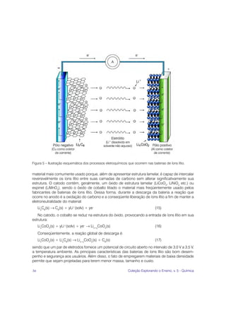 Figura 5 – Ilustração esquemática dos processos eletroquímicos que ocorrem nas baterias de íons lítio.


material mais comumente usado porque, além de apresentar estrutura lamelar, é capaz de intercalar
reversivelmente os íons lítio entre suas camadas de carbono sem alterar significativamente sua
estrutura. O catodo contém, geralmente, um óxido de estrutura lamelar (LiCoO2, LiNiO2 etc.) ou
espinel (LiMnO2), sendo o óxido de cobalto litiado o material mais freqüentemente usado pelos
fabricantes de baterias de íons lítio. Dessa forma, durante a descarga da bateria a reação que
ocorre no anodo é a oxidação do carbono e a conseqüente liberação de íons lítio a fim de manter a
eletroneutralidade do material:
     LiyC6(s) → C6(s) + yLi+(solv) + ye–                                          (15)
   No catodo, o cobalto se reduz na estrutura do óxido, provocando a entrada de íons lítio em sua
estrutura:
     LixCoO2(s) + yLi+(solv) + ye– → Lix+yCoO2(s)                                 (16)
     Conseqüentemente, a reação global de descarga é:
     LixCoO2(s) + LiyC6(s) → Lix+yCoO2(s) + C6(s)                                 (17)
sendo que um par de eletrodos fornece um potencial de circuito aberto no intervalo de 3,0 V a 3,5 V,
a temperatura ambiente. As principais características das baterias de íons lítio são bom desem-
penho e segurança aos usuários. Além disso, o fato de empregarem materiais de baixa densidade
permite que sejam projetadas para terem menor massa, tamanho e custo.

36                                                              Coleção Explorando o Ensino, v. 5 - Química
 