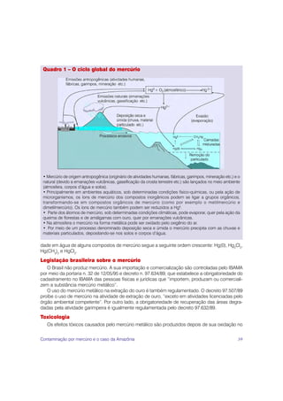 Quadro 1 – O ciclo global do mercúrio




 • Mercúrio de origem antropogênica (originário de atividades humanas, fábricas, garimpos, mineração etc.) e o
 natural (devido a emanações vulcânicas, gaseificação da crosta terrestre etc.) são lançados no meio ambiente
 (atmosfera, corpos d’água e solos).
 • Principalmente em ambientes aquáticos, sob determinadas condições físico-químicas, ou pela ação de
 microrganismos, os íons de mercúrio dos compostos inorgânicos podem se ligar a grupos orgânicos,
 transformando-se em compostos orgânicos de mercúrio (como por exemplo o metilmercúrio e
 dimetilmercúrio). Os íons de mercúrio também podem ser reduzidos a Hg0.
 • Parte dos átomos de mercúrio, sob determinadas condições climáticas, pode evaporar, quer pela ação da
 queima de florestas e de amálgamas com ouro, quer por emanações vulcânicas.
 • Na atmosfera o mercúrio na forma metálica pode ser oxidado pelo oxigênio do ar.
 • Por meio de um processo denominado deposição seca e úmida o mercúrio precipita com as chuvas e
 materiais particulados, depositando-se nos solos e corpos d’água.

dade em água de alguns compostos de mercúrio segue a seguinte ordem crescente: Hg(0), Hg2Cl2,
Hg(CH3)2 e HgCl2.
Legislação brasileira sobre o mercúrio
   O Brasil não produz mercúrio. A sua importação e comercialização são controladas pelo IBAMA
por meio da portaria n. 32 de 12/05/95 e decreto n. 97.634/89, que estabelece a obrigatoriedade do
cadastramento no IBAMA das pessoas físicas e jurídicas que “importem, produzam ou comerciali-
zem a substância mercúrio metálico”.
   O uso do mercúrio metálico na extração do ouro é também regulamentado. O decreto 97.507/89
proíbe o uso de mercúrio na atividade de extração de ouro, “exceto em atividades licenciadas pelo
órgão ambiental competente”. Por outro lado, a obrigatoriedade de recuperação das áreas degra-
dadas pela atividade garimpeira é igualmente regulamentada pelo decreto 97.632/89.
Toxicologia
   Os efeitos tóxicos causados pelo mercúrio metálico são produzidos depois de sua oxidação no


Contaminação por mercúrio e o caso da Amazônia                                                              39
 