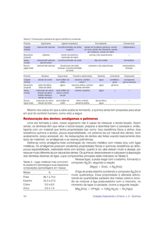 Mesmo nos casos em que a cárie acaba se formando, a química ainda tem propostas para atuar
em prol do conforto humano, como visto a seguir.
Restauração dos dentes: amálgamas e polímeros
    Uma vez formada a cárie, nosso organismo não é capaz de restaurar o tecido lesado. Assim
sendo, os dentistas têm que retirar o tecido lesado, preparar e desinfetar bem a cavidade e, então,
tapá-la com um material que tenha propriedades tais como: boa resistência física a atritos, boa
resistência química a ácidos, pouca expansibilidade, cor próxima da cor natural dos dentes, bom
acabamento, preço acessível, etc. As restaurações de dentes são feitas usando basicamente dois
tipos de materiais: os amálgamas e as resinas poliméricas.
    Define-se como amálgama toda combinação do mercúrio metálico com metais e/ou com ligas
metálicas. Os amálgamas possuem excelentes propriedades físicas e químicas (resistência ao atrito,
pouca expansibilidade, reatividade lenta com ácidos); quanto à cor, eles deixam muito a desejar, por
essa ser muito diferente da cor natural dos dentes. Os químicos desenvolveram e colocaram à disposição
dos dentistas dezenas de ligas, cujos componentes principais estão indicados na Tabela 3.
                                                Nessas ligas, a prata reage com o estanho, formando o
Tabela 3 – Ligas metálicas mais comumen- composto Ag Sn, segundo a reação:
                                                          3
te usadas em odontologia e suas respectivas
composições (porcentagens em massa).                        3Ag(s) + Sn(s) → Ag3Sn(s)

Metais               %                      A liga de prata-estanho (contendo o composto Ag3Sn) é
                                         muito quebradiça. Essa propriedade é alterada adicio-
Prata            66,7 a 74,5
                                         nando-se quantidades variáveis dos metais cobre e zinco.
Estanho          25,3 a 27,0             Ao se misturar a liga prata-estanho com o mercúrio, no
Cobre             0,0 a 6,0              momento de tapar a cavidade, ocorre a seguinte reação:
Zinco             0,0 a 1,9                 8Ag3Sn(s) + 37Hg(l) → 12Ag2Hg3(s) + Sn8Hg(s)

50                                                          Coleção Explorando o Ensino, v. 5 - Química
 