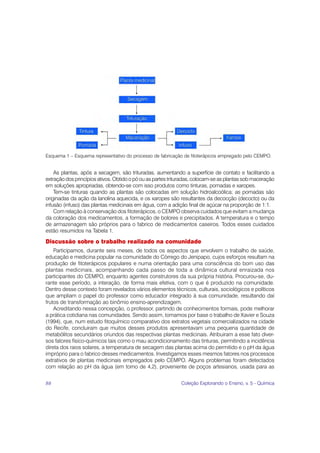 Esquema 1 – Esquema representativo do processo de fabricação de fitoterápicos empregado pelo CEMPO.


    As plantas, após a secagem, são trituradas, aumentando a superfície de contato e facilitando a
extração dos princípios ativos. Obtido o pó ou as partes trituradas, colocam-se as plantas sob maceração
em soluções apropriadas, obtendo-se com isso produtos como tinturas, pomadas e xaropes.
    Tem-se tinturas quando as plantas são colocadas em solução hidroalcoólica; as pomadas são
originadas da ação da lanolina aquecida, e os xaropes são resultantes da decocção (decocto) ou da
infusão (infuso) das plantas medicinais em água, com a adição final de açúcar na proporção de 1:1.
    Com relação à conservação dos fitoterápicos, o CEMPO observa cuidados que evitam a mudança
da coloração dos medicamentos, a formação de bolores e precipitados. A temperatura e o tempo
de armazenagem são próprios para o fabrico de medicamentos caseiros. Todos esses cuidados
estão resumidos na Tabela 1.

Discussão sobre o trabalho realizado na comunidade
    Participamos, durante seis meses, de todos os aspectos que envolvem o trabalho de saúde,
educação e medicina popular na comunidade do Córrego do Jenipapo, cujos esforços resultam na
produção de fitoterápicos populares e numa orientação para uma consciência do bom uso das
plantas medicinais, acompanhando cada passo de toda a dinâmica cultural enraizada nos
participantes do CEMPO, enquanto agentes construtores da sua própria história. Procurou-se, du-
rante esse período, a interação, de forma mais efetiva, com o que é produzido na comunidade.
Dentro desse contexto foram revelados vários elementos técnicos, culturais, sociológicos e políticos
que ampliam o papel do professor como educador integrado à sua comunidade, resultando daí
frutos de transformação ao binômio ensino-aprendizagem.
    Acreditando nessa concepção, o professor, partindo de conhecimentos formais, pode melhorar
a prática cotidiana nas comunidades. Sendo assim, tomamos por base o trabalho de Xavier e Souza
(1994), que, num estudo fitoquímico comparativo dos extratos vegetais comercializados na cidade
do Recife, concluiram que muitos desses produtos apresentavam uma pequena quantidade de
metabólitos secundários oriundos das respectivas plantas medicinais. Atribuiram a esse fato diver-
sos fatores físico-químicos tais como o mau acondicionamento das tinturas, permitindo a incidência
direta dos raios solares, a temperatura de secagem das plantas acima do permitido e o pH da água
impróprio para o fabrico desses medicamentos. Investigamos esses mesmos fatores nos processos
extrativos de plantas medicinais empregados pelo CEMPO. Alguns problemas foram detectados
com relação ao pH da água (em torno de 4,2), proveniente de poços artesianos, usada para as


88                                                           Coleção Explorando o Ensino, v. 5 - Química
 