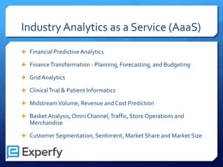 Industry Analytics as a Service (AaaS)
 Financial PredictiveAnalytics
 FinanceTransformation - Planning, Forecasting, and Budgeting
 Grid Analytics
 ClinicalTrial & Patient Informatics
 MidstreamVolume, Revenue and Cost Prediction
 Basket Analysis,Omni Channel,Traffic, Store Operations and
Merchandise
 Customer Segmentation, Sentiment, Market Share and Market Size
 