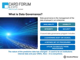 What is Data Governance?
Data governance is the management of the
data employed in an enterprise:
The nature of the predictive data has changed – it used to be an institutions
internal data and your CRA’s. Now – it is everywhere.
AVAILABILITY USABILITY
A sound data governance program includes:
A GOVERNING BODY OR COUNCIL
A DEFINED SET OF PROCEDURES
A PLAN TO EXECUTE THOSE
PROCEDURES
INTEGRITY SECURITY
 