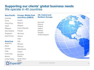 Supporting our clients’ global business needs We operate in 40 countries Asia Pacific Australia China Hong Kong Japan Malaysia New Zealand Singapore South Korea Americas Argentina Brazil Canada Chile Costa Rica Mexico United States Europe, Middle East and Africa (EMEA) Austria Belgium Bulgaria Czech Republic France Germany Greece India Italy Monaco Morocco Netherlands Poland Romania Russia South Africa  Spain Turkey UK, Ireland and  Northern Europe Denmark Estonia Finland Ireland Norway Sweden United Kingdom 