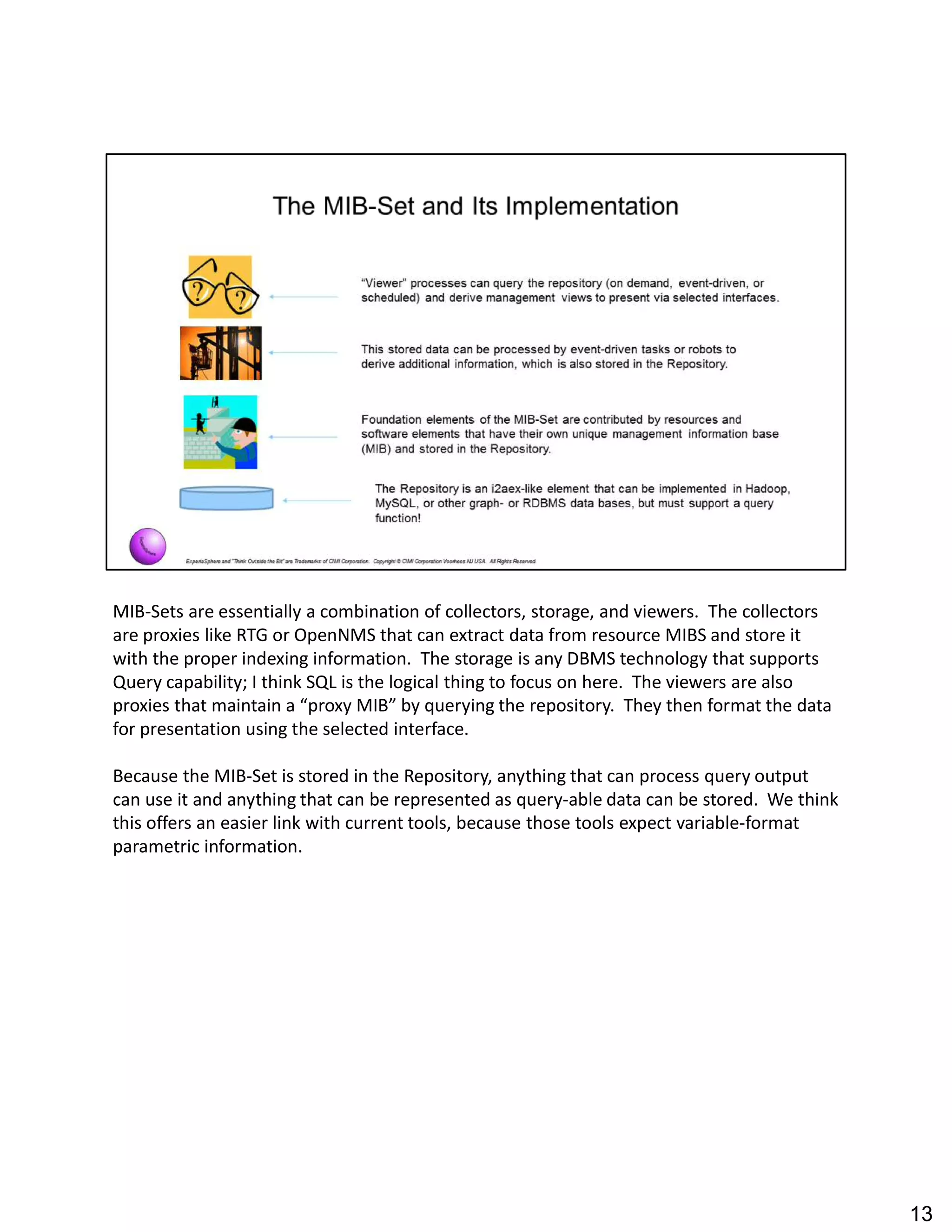 MIB-Sets are essentially a combination of collectors, storage, and viewers. The collectors
are proxies like RTG or OpenNMS that can extract data from resource MIBS and store it
with the proper indexing information. The storage is any DBMS technology that supports
Query capability; I think SQL is the logical thing to focus on here. The viewers are also
proxies that maintain a proxy MIB by querying the repository. They then format the data
for presentation using the selected interface.
Because the MIB-Set is stored in the Repository, anything that can process query output
can use it and anything that can be represented as query-able data can be stored. We think
this offers an easier link with current tools, because those tools expect variable-format
parametric information.
13
 