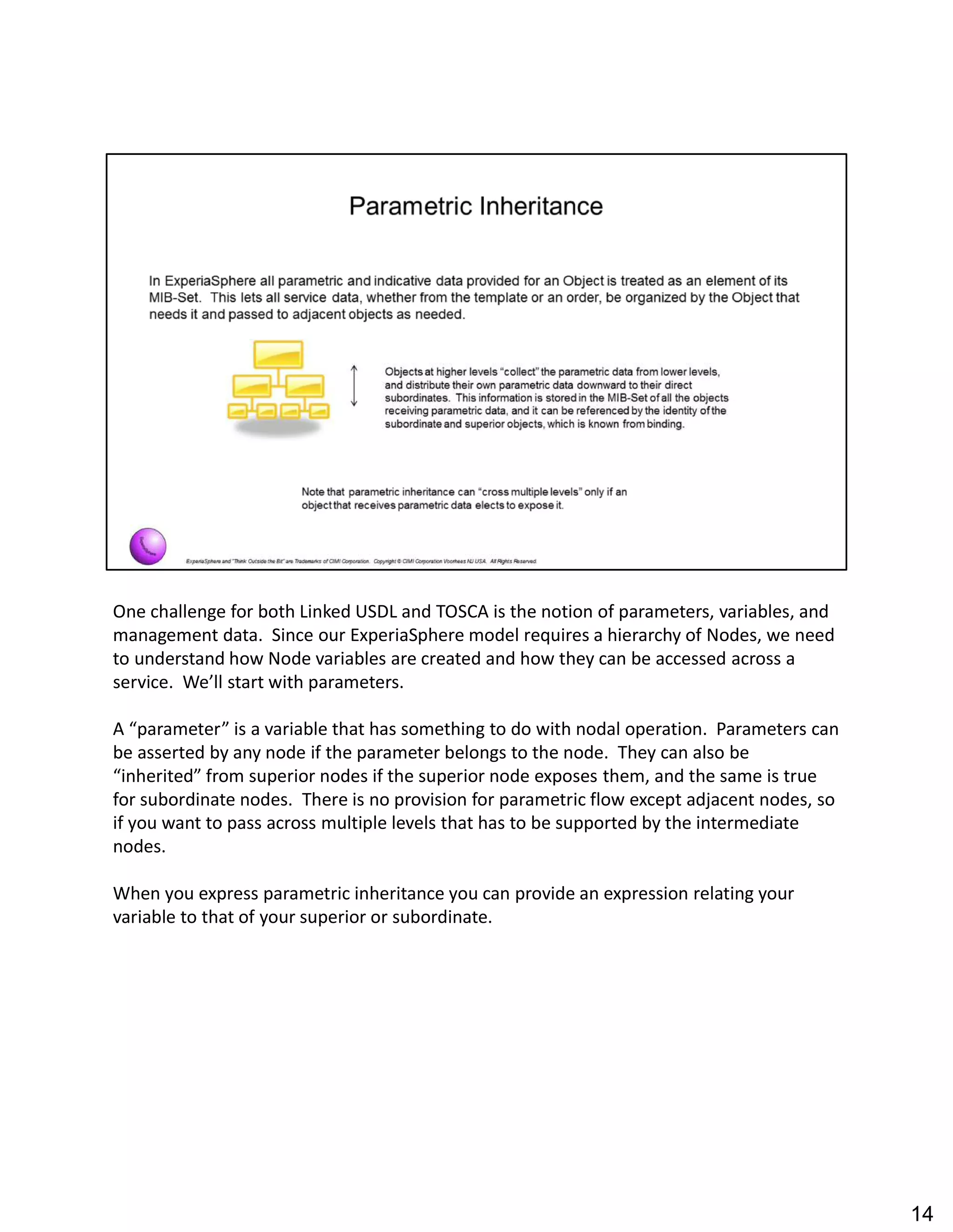 One challenge for both Linked USDL and TOSCA is the notion of parameters, variables, and
management data. Since our ExperiaSphere model requires a hierarchy of Nodes, we need
to understand how Node variables are created and how they can be accessed across a
service. We ll start with parameters.
A parameter is a variable that has something to do with nodal operation. Parameters can
be asserted by any node if the parameter belongs to the node. They can also be
inherited from superior nodes if the superior node exposes them, and the same is true
for subordinate nodes. There is no provision for parametric flow except adjacent nodes, so
if you want to pass across multiple levels that has to be supported by the intermediate
nodes.
When you express parametric inheritance you can provide an expression relating your
variable to that of your superior or subordinate.
14
 