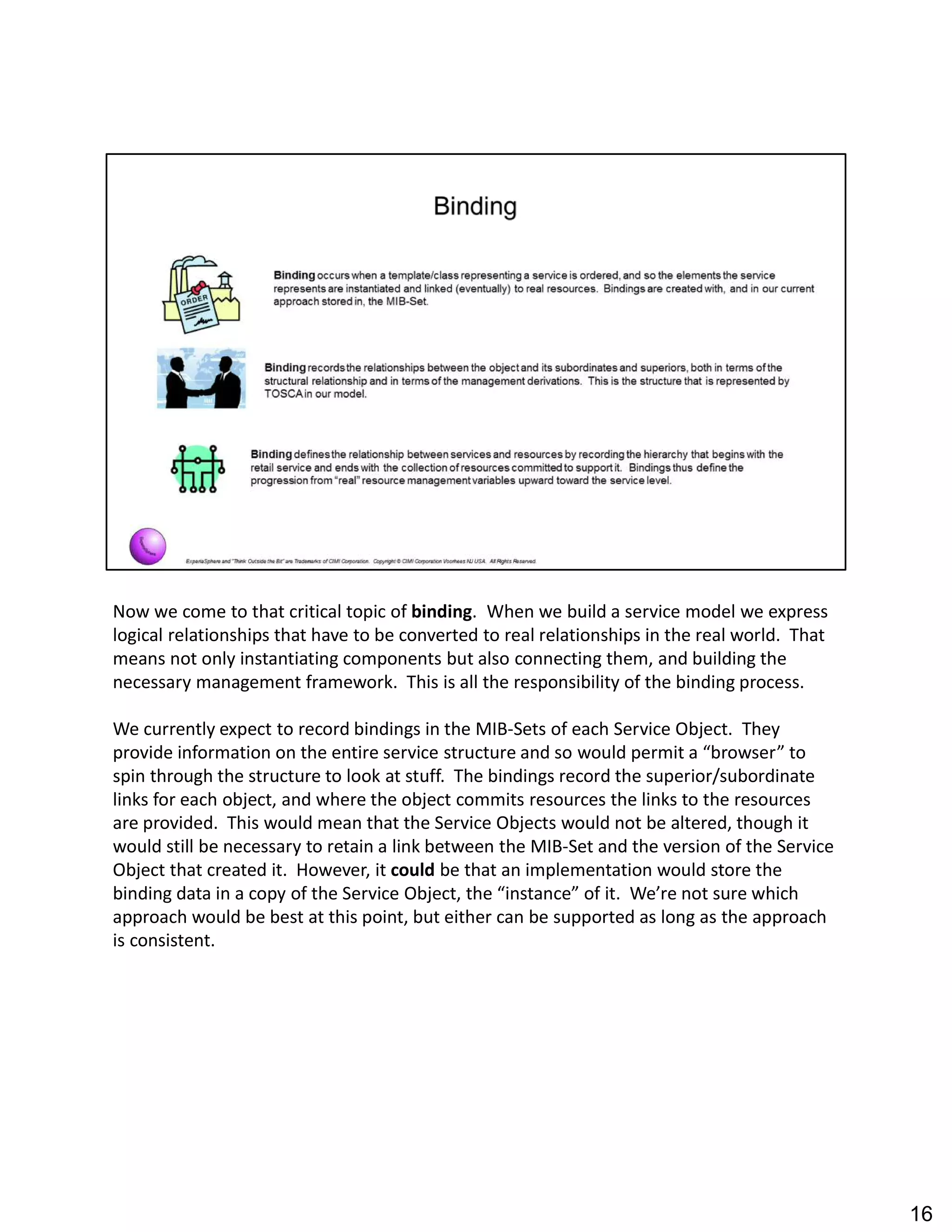 Now we come to that critical topic of binding. When we build a service model we express
logical relationships that have to be converted to real relationships in the real world. That
means not only instantiating components but also connecting them, and building the
necessary management framework. This is all the responsibility of the binding process.
We currently expect to record bindings in the MIB-Sets of each Service Object. They
provide information on the entire service structure and so would permit a browser to
spin through the structure to look at stuff. The bindings record the superior/subordinate
links for each object, and where the object commits resources the links to the resources
are provided. This would mean that the Service Objects would not be altered, though it
would still be necessary to retain a link between the MIB-Set and the version of the Service
Object that created it. However, it could be that an implementation would store the
binding data in a copy of the Service Object, the instance of it. We re not sure which
approach would be best at this point, but either can be supported as long as the approach
is consistent.
16
 