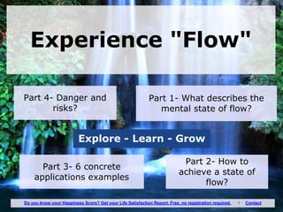 Part 4- Danger and
risks?
Experience "Flow"
Part 1- What describes the
mental state of flow?
Part 2- How to
achieve a state of
flow?
Part 3- 6 concrete
applications examples
Explore - Learn - Grow
Do you know your Happiness Score? Get your Life Satisfaction Report. Free, no registration required. I Contact
 