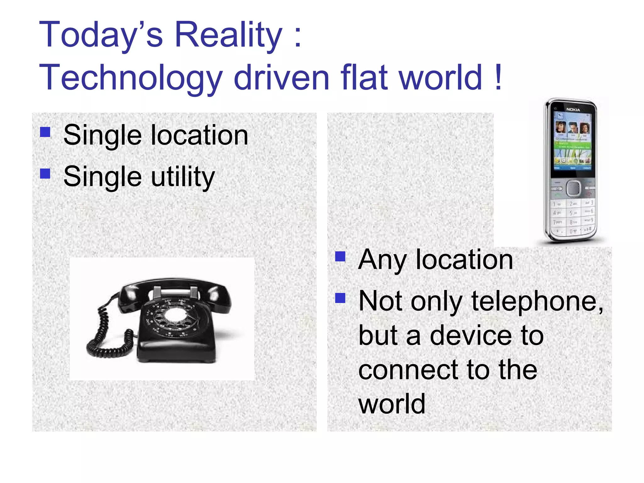 Today’s Reality :
Technology driven flat world !
 Single location
 Single utility
 Any location
 Not only telephone,
but a device to
connect to the
world
 