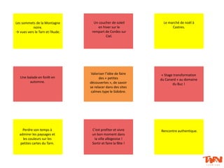 Les sommets de la Montagne
noire.
→ vues vers le Tarn et l’Aude.
Un coucher de soleil
en hiver sur le
rempart de Cordes sur
Ciel.
Le marché de noël à
Castres.
Perdre son temps à
admirer les paysages et
les couleurs sur les
petites cartes du Tarn.
C’est profiter et vivre
un bon moment dans
la ville albigeoise !
Sortir et faire la fête !
Rencontre authentique.
Valoriser l’idée de faire
des « petites
découvertes », de savoir
se relacer dans des sites
calmes type le Sidobre.
Une balade en forêt en
automne.
« Stage transformation
du Canard » au domaine
du Buc !
 