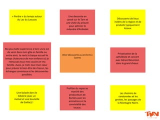 « Perdre » du temps autour
du Lac du Laouzas
Une descente en
canoë sur le Tarn et
une visite du prieuré
pour admirer le
méandre d’Ambialet
Découverte de lieux
inédits de la région et de
produits typiquement
locaux.
Profiter du repas au
marché des
producteurs de
Burlats avec les
animations et la
convivialité des
locaux.
Les chemins de
randonnées et les
grottes, les paysages de
la Montagne Noire.
Dîner découverte au cercle 81 à
Castres
Ma plus belle expérience à faire vivre est
de venir dans mon gîte en famille ou
entre amis. Je revis à chaque accueil le
temps chaleureux de mon enfance où je
retrouvais tous mes cousins et ma
famille. Aussi, je mets tout mon cœur
pour prévoir le bien-être de chacun, les
échanges conviviaux et les découvertes
possibles.
Une balade dans le
Sidobre (avec un
melsat et une bouteille
de Gaillac) !
Privatisation de la
cathédrale et concert
avec Gérard Bourolon
dans le grand chœur.
 