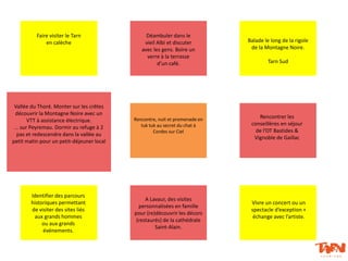 Faire visiter le Tarn
en calèche
Déambuler dans le
vieil Albi et discuter
avec les gens. Boire un
verre à la terrasse
d’un café.
Balade le long de la rigole
de la Montagne Noire.
Tarn Sud
A Lavaur, des visites
personnalisées en famille
pour (re)découvrir les décors
(restaurés) de la cathédrale
Saint-Alain.
Vivre un concert ou un
spectacle d’exception +
échange avec l’artiste.
Rencontre, nuit et promenade en
tuk tuk au secret du chat à
Cordes sur Ciel
Vallée du Thoré. Monter sur les crêtes
découvrir la Montagne Noire avec un
VTT à assistance électrique.
… sur Peyremau. Dormir au refuge à 2
pas et redescendre dans la vallée au
petit matin pour un petit-déjeuner local
Identifier des parcours
historiques permettant
de visiter des sites liés
aux grands hommes
ou aux grands
événements.
Rencontrer les
conseillères en séjour
de l’OT Bastides &
Vignoble de Gaillac
 