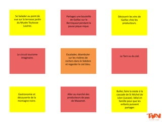 Se balader au point de
vue sur la terrasse jardin
du Musée Toulouse
Lautrec.
Partagez une bouteille
de Gaillac sur le
Berniquaut pendant la
pause pique-nique.
Découvrir les vins de
Gaillac chez les
producteurs.
Le circuit tourisme
imaginaire.
Le Tarn vu du ciel.
Gastronomie et
découverte de la
montagne noire.
Aller au marché des
producteurs de pays
de Mazamet.
Buller, faire la sieste à la
cascade de St Michel de
Léon (Lacaze). Idéal en
famille pour que les
enfants puissent
partager.
Escalader, déambuler
sur les rivières de
rochers dans le Sidobre
et regarder le ciel bleu.
 
