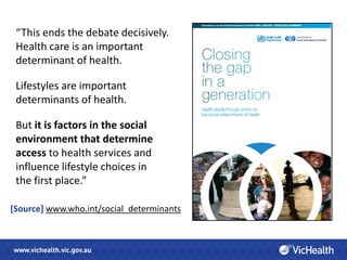 “This ends the debate decisively.
 Health care is an important
 determinant of health.

 Lifestyles are important
 determinants of health.

 But it is factors in the social
 environment that determine
 access to health services and
 influence lifestyle choices in
 the first place.”

[Source] www.who.int/social_determinants
 