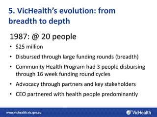 5. VicHealth’s evolution: from
breadth to depth
1987: @ 20 people
• $25 million
• Disbursed through large funding rounds (breadth)
• Community Health Program had 3 people disbursing
  through 16 week funding round cycles
• Advocacy through partners and key stakeholders
• CEO partnered with health people predominantly
 